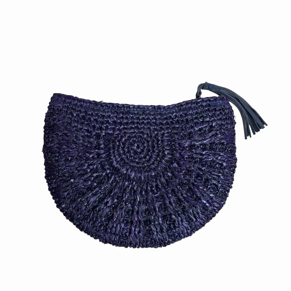 Flora Bella Raffia Clutch Bag Purple Half Circle Full Zip Tassel Travel Vacation